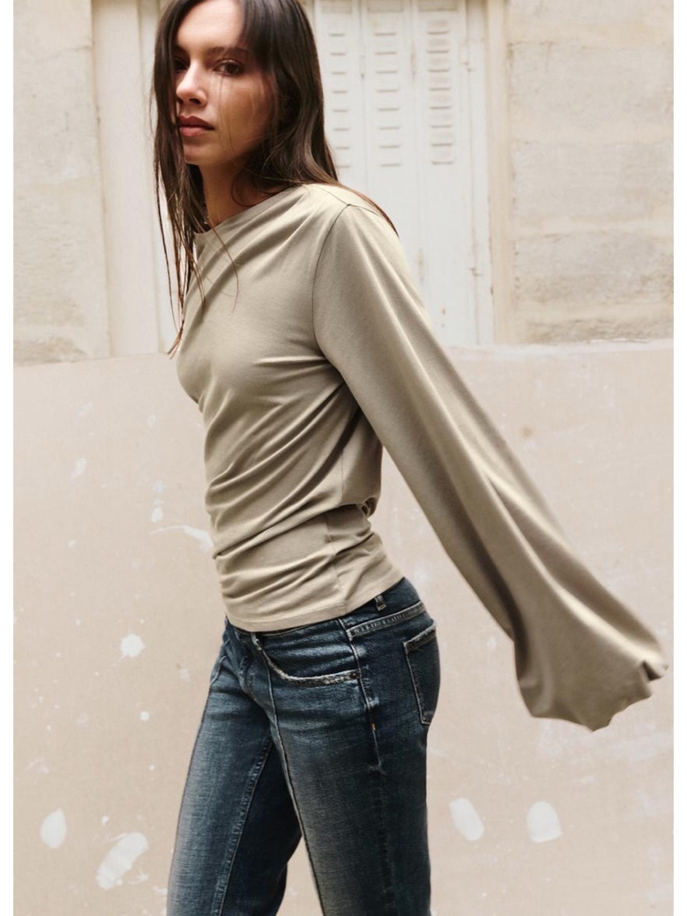 Zara Asymmetric Long Sleeve Top in Taupe